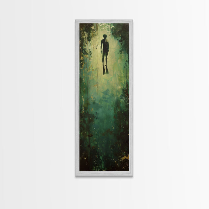 Abstract Canvas Painting of Underwater Diver, Modern Framed Wall Art, Dark Wall Art for Living Room, Tall and Narrow Wall Art Print