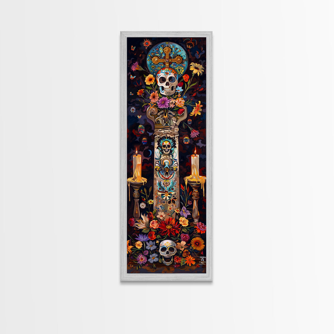 Dia De Los Muertos Sugar Skull Canvas Painting, Gothic Wall Art Print, Skinny Framed Canvas Art, Colorful Day of The Dead Poster Art