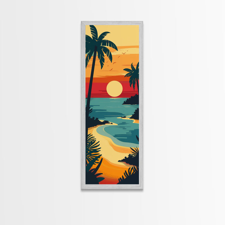 Sunset Beach with Palm Trees and Ocean View - Framed Canvas Print, Midcentury Modern Wall Art, Skinny Art, Tall Art, Living Room Decor