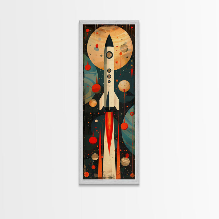 Vintage Rocket Launch Art - Framed Canvas Print, Midcentury Modern Skinny Art, Tall Wall Art for Living Room or Bedroom Decor