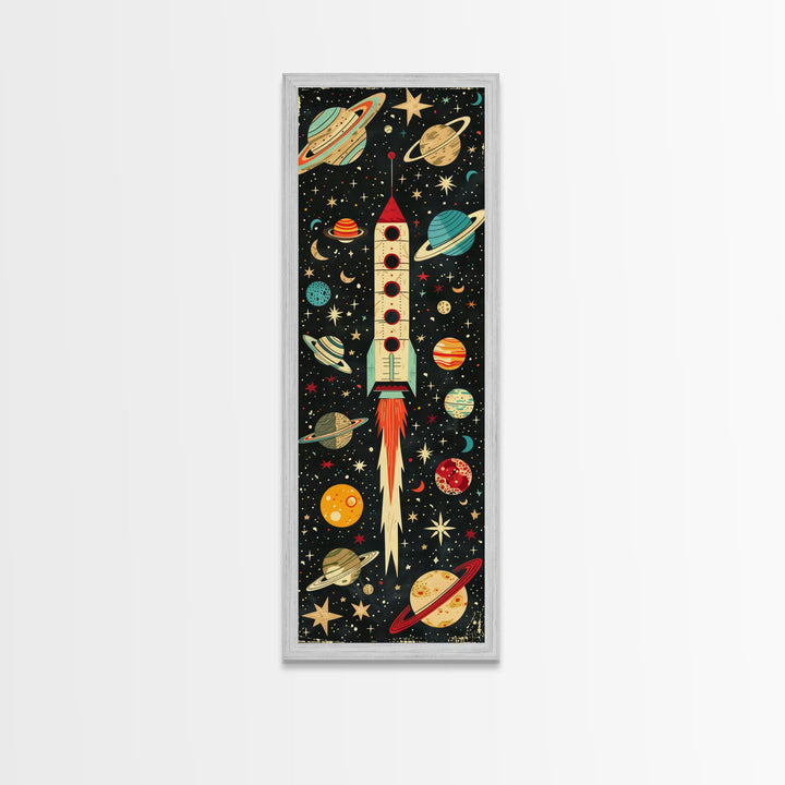 Space Exploration Art with Planets - Framed Canvas Print, Midcentury Modern Skinny Art, Tall Wall Art for Living Room or Bedroom Decor