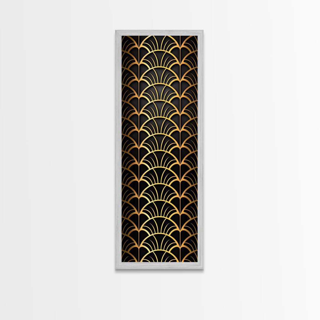 Abstract Gold Geometric Pattern on Black Background - Framed Canvas Print, Art Deco Style, Skinny Art, Tall Art, Midcentury Modern Art, Living Room Wall Decor