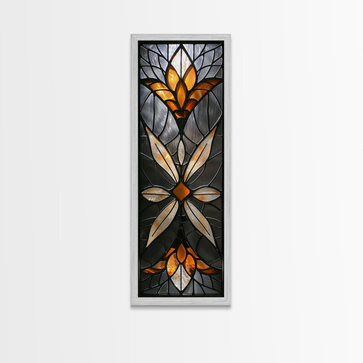 Amber and White Stained Glass Floral Design - Framed Canvas Print, Midcentury Modern Art, Skinny Art, Tall Art, Living Room Wall Decor, Boho Art