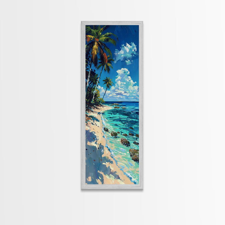 Tropical Beach Scene With Palm Trees Skinny Art Framed Canvas Print For Living Room Or Bedroom Wall Art