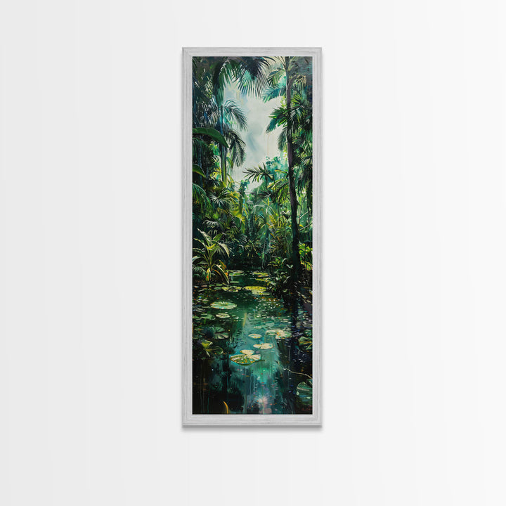 Tropical Island Paradise Scene With Mountain Reflections Skinny Art Framed Canvas Print For Living Room Or Bedroom Wall Art