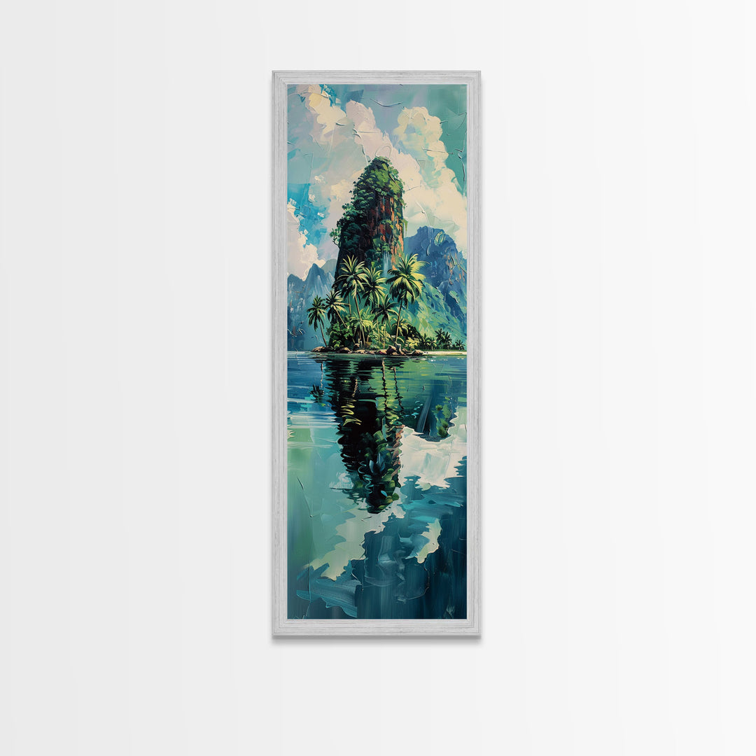 Tropical Island Paradise Scene With Mountain Reflections Skinny Art Framed Canvas Print For Living Room Or Bedroom Wall Art