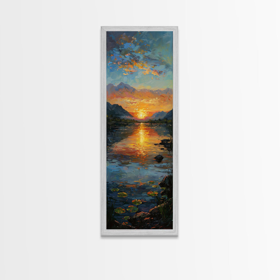 Vibrant Sunset Over Lake Art - Framed Canvas Print, Skinny Tall Art, Landscape Painting, Wall Art for Living Room, Bedroom Decor, Sunset Art