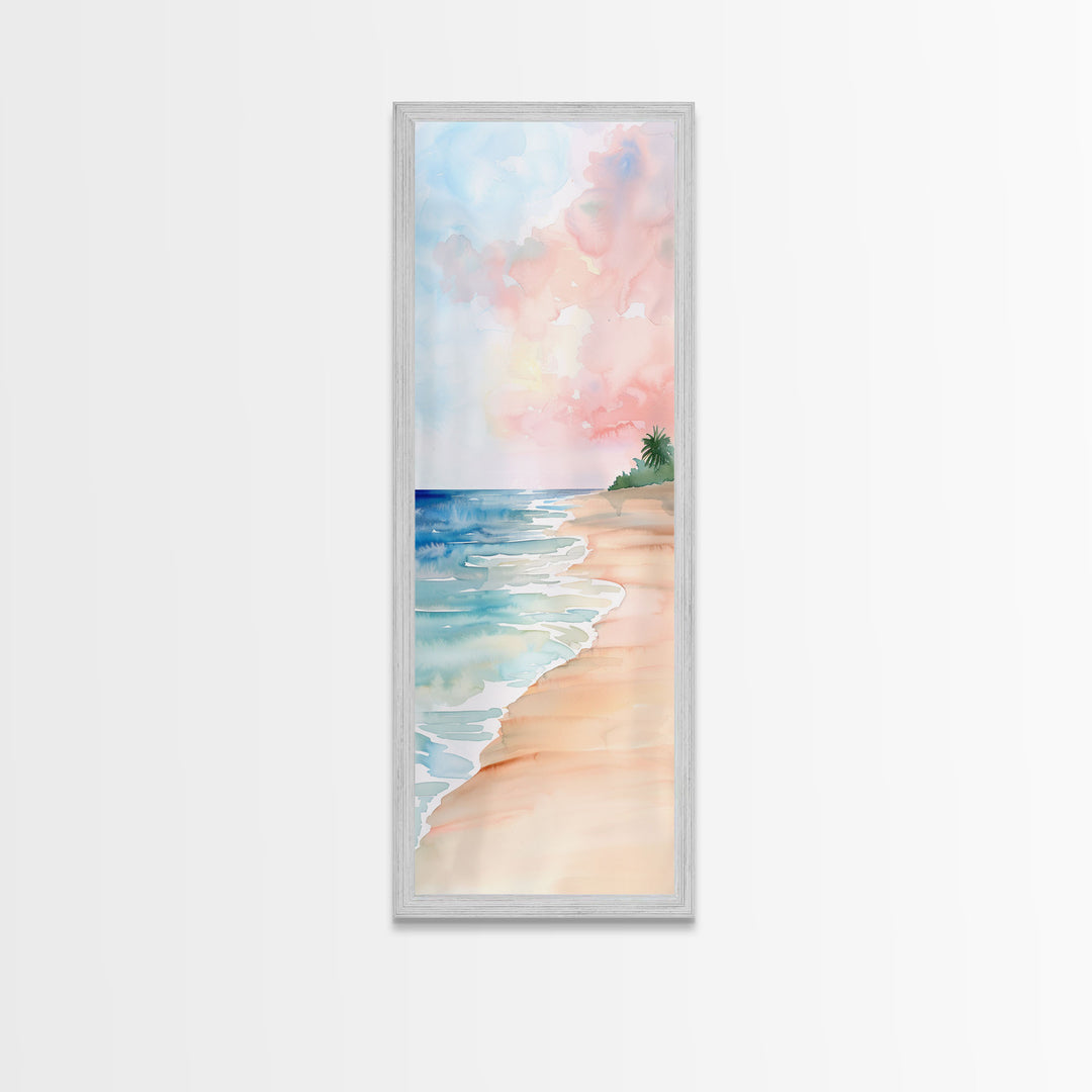 Soft Beach Pastel Scene - Framed Canvas Print, Farmhouse Art, Boho Art, Skinny Art, Tall Art, Living Room Decor, Coastal Wall Art for Home Decor