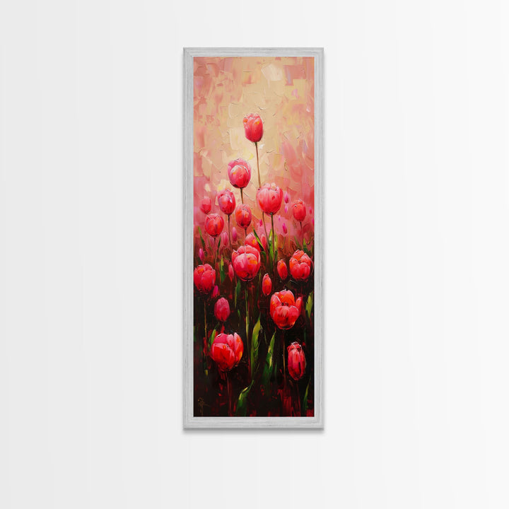 Vibrant Red Tulips in Bloom Against a Soft Pink Background on a Framed Canvas Print Skinny Art Piece