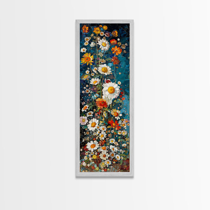 Tall Skinny Art of Vibrant Floral Mosaic on Blue Background as Framed Canvas Print for Bright Wall Decor and Home Interiors