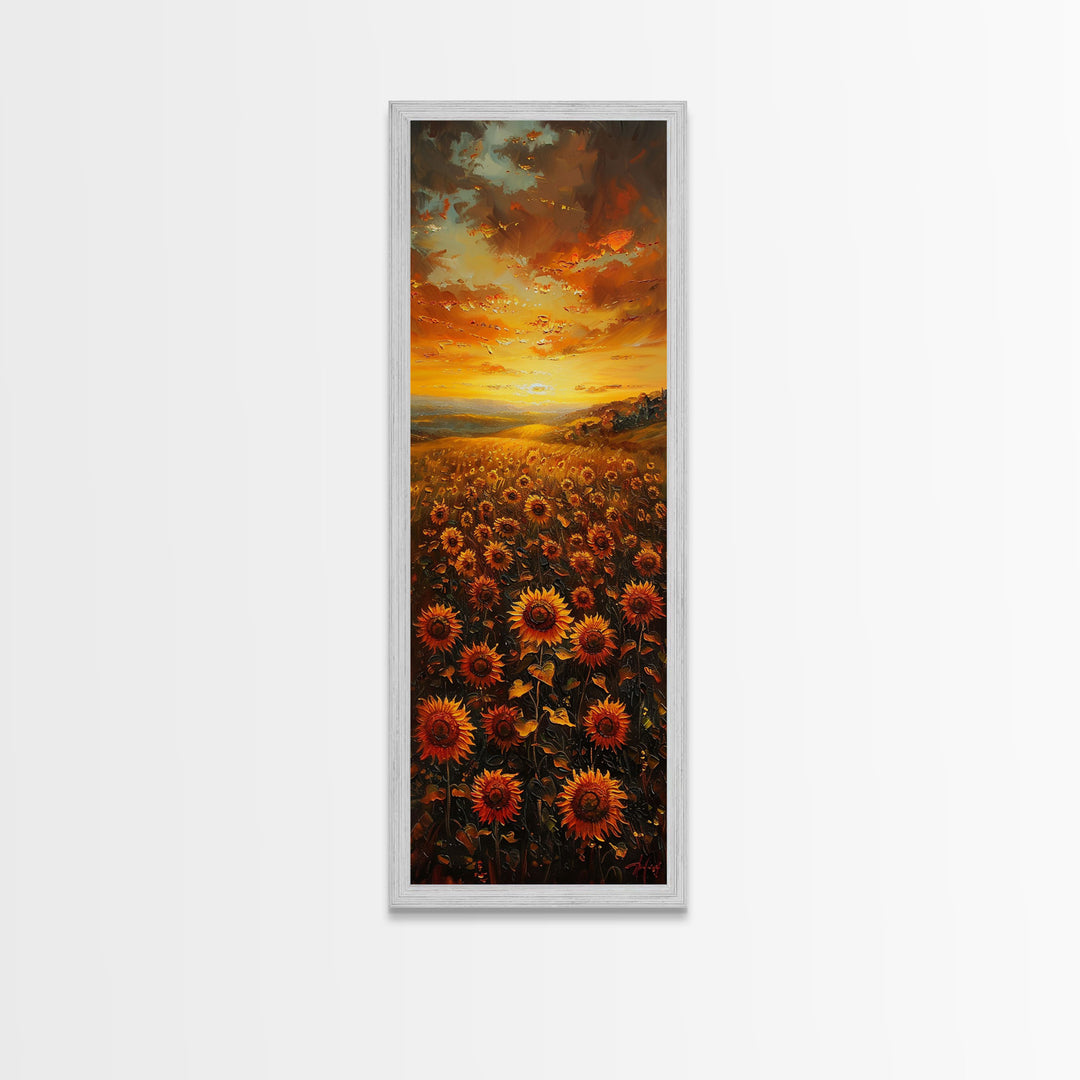 Sunflowers in Golden Sunset, Tall Skinny Art Framed Canvas Print Ideal for Warm Wall Decor in Living Rooms or Bedrooms