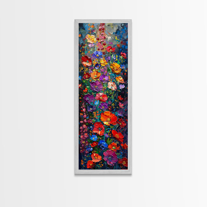 Vibrant Floral Cascade on Textured Canvas as Tall Skinny Art Framed Canvas Print for Colorful Wall Decor in Modern Interiors