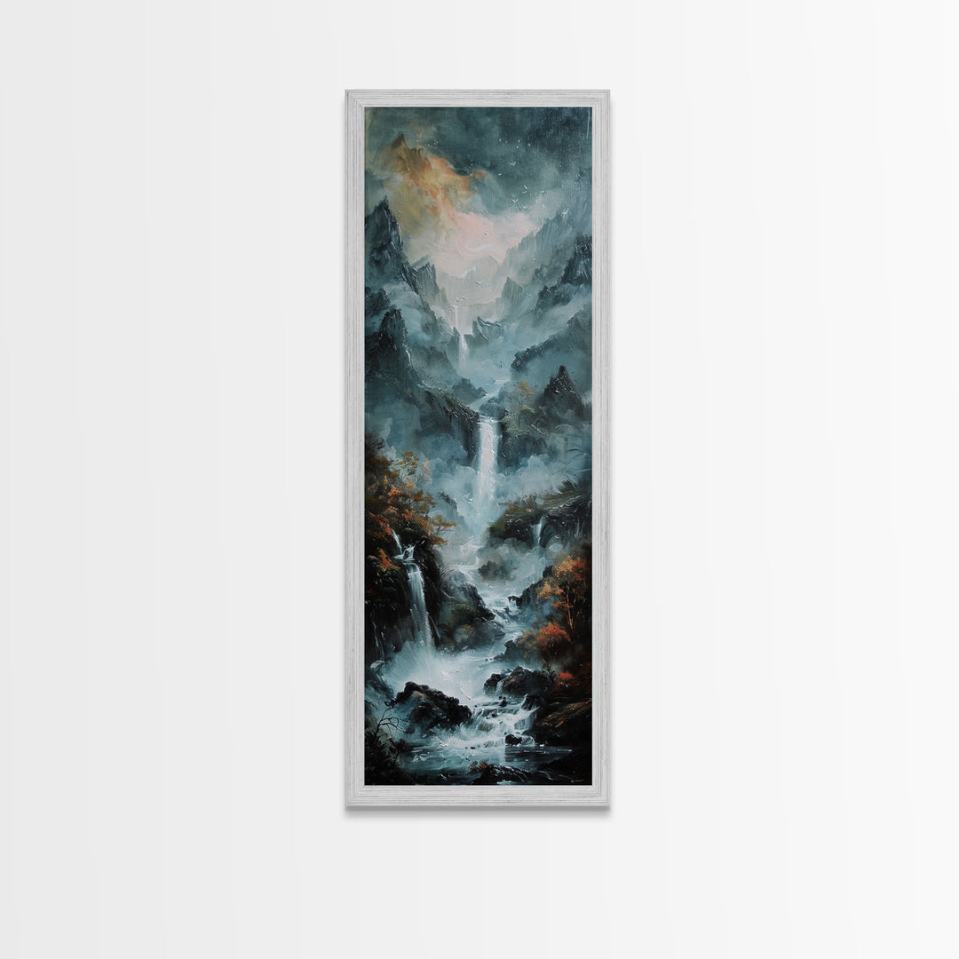 Waterfalls Against A Dark Mountain Landscape, Framed Canvas Print, Wood Frame Wall Art, Unique Decor, Farmhouse Wall Art, Tall / Skinny Wall Art