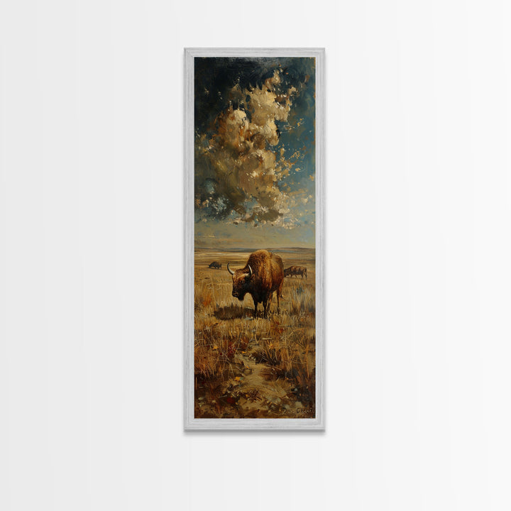 Wild Buffalo On The Oklahoma Prairie, Framed Canvas Print, Minimalist Farmhouse Decor Oil Painting Print