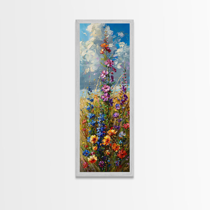 Wildfowers in Bloom Framed Canvas Print, Colorful Botanical Wall Art, Skinny Decor For Tight Spaces