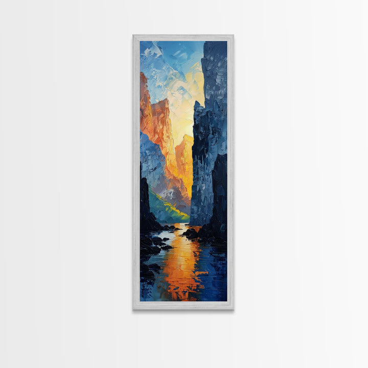 Sunset Peaks Through The Mountain Valley, Framed Canvas Print, Retro MCM Inspired Landscape Painting, Living Room Or Office Decor