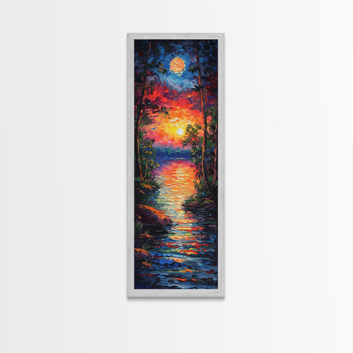 Sunset and Full Moon Over The lake Framed Canvas Print, Nature Decor, Landscape Oil Painting Print Wall Art, Skinny / Tall Art for Small Spaces