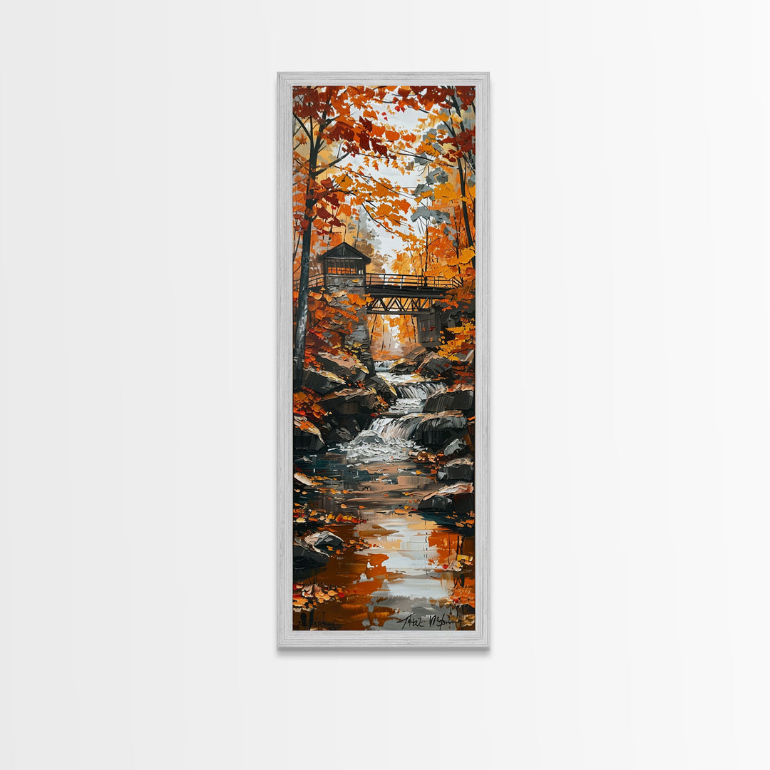 The Autumn Bridge, Framed Canvas print, New England Landscape Painting Print, Wall Art, Home Decor