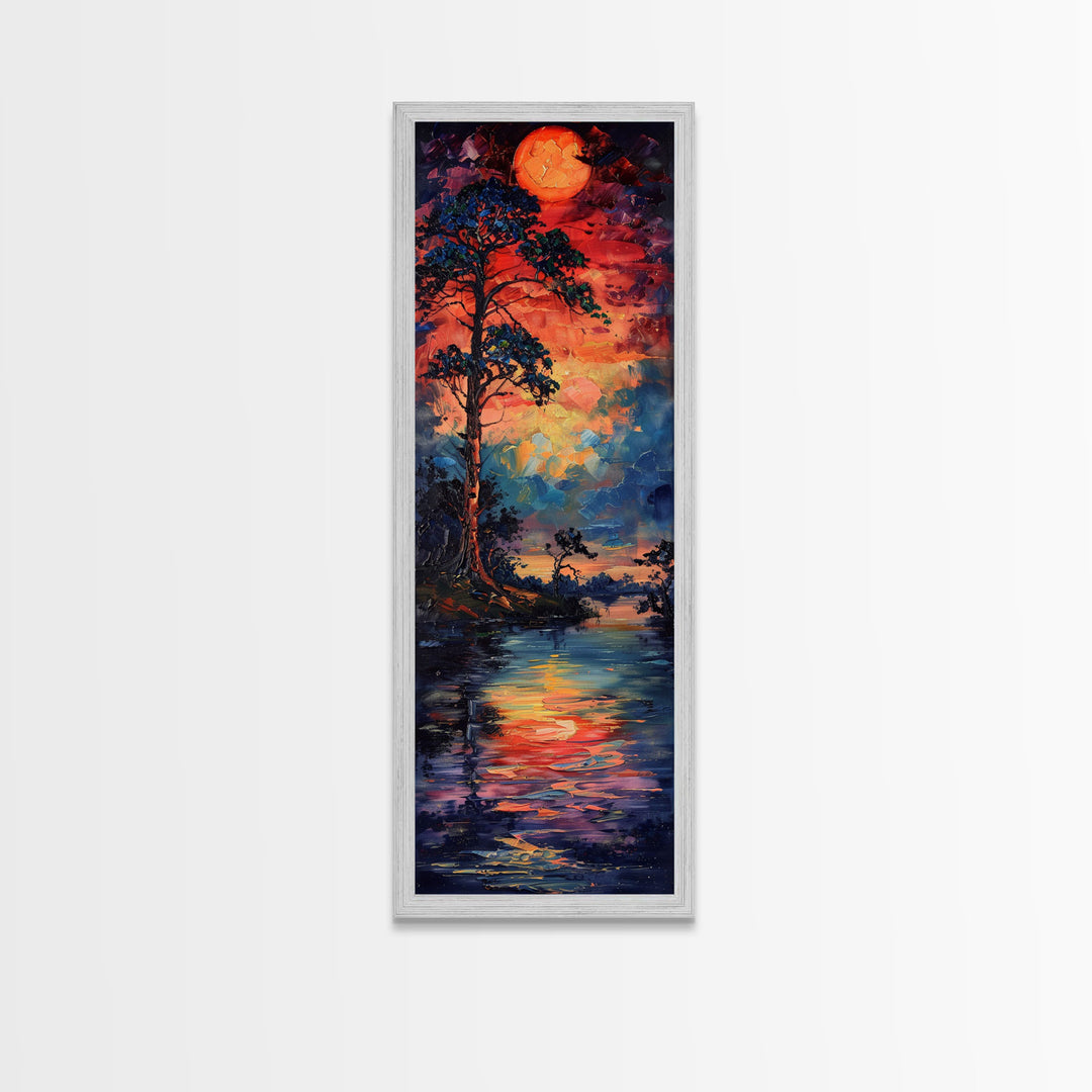 Sunset At The Lake, Framed Canvas Print, Colorful Gift Idea, Housewarming, Tall / Skinny Panoramic Painting Print, Living Room Wall Art