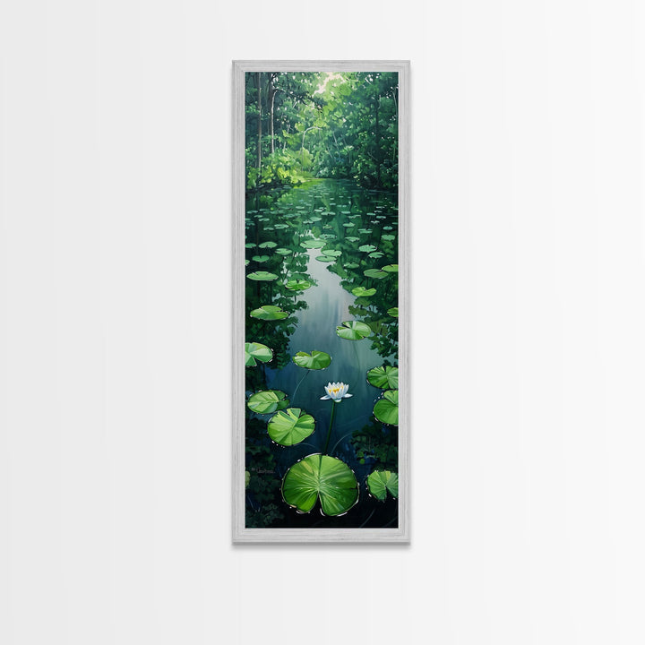 Tranquil Lily Pond Surrounded By Lush Forest, Boho And Minimalist Art For Nature Lovers, Farmhouse Wall Art In Tall Canvas Print