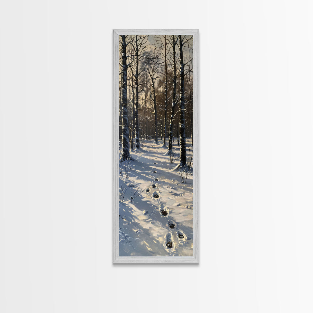 Snowy Forest Path With Footprints, Winter Scene In Farmhouse Style, Tall Canvas Print For Rustic Boho Wall Art