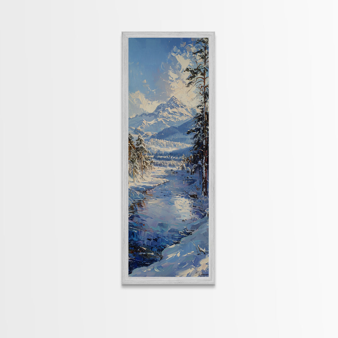 Snow-Covered Mountain Landscape With Icy River, Minimalist Farmhouse Art For Winter Decor, Boho Style Wall Art In Tall Canvas Print