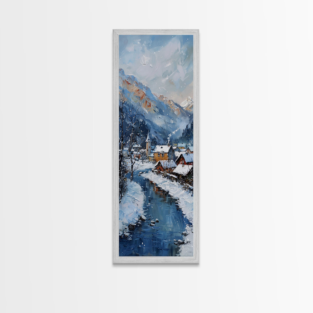 Tranquil Winter Village Scene Snowy River Minimalist Farmhouse Art Framed Canvas Print Tall Art Ukiyo-e Japanese Style Art