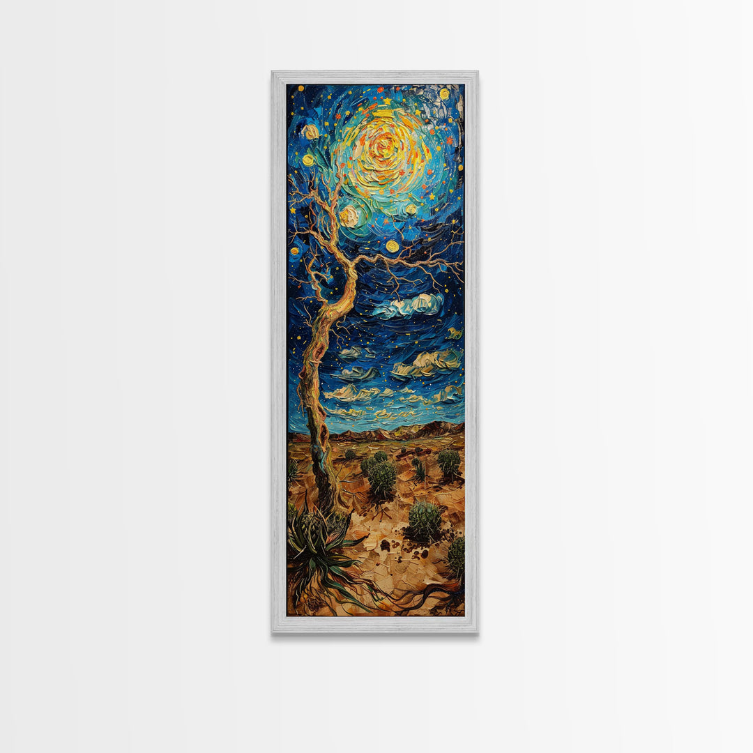 Vibrant Night Sky Desert Tree Whimsical Boho Starry Landscape Framed Canvas Print Tall Art Japanese Style Art