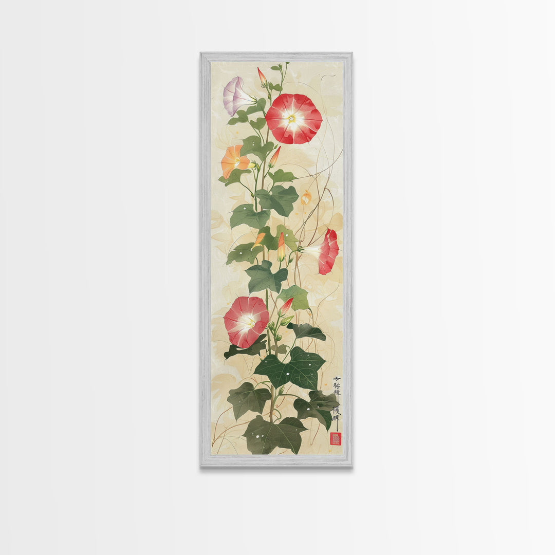 Vibrant Morning Glories Bloom Skinny Art Tall Art Japanese Ukiyo-e Inspired Floral Print Framed Canvas Wall Art