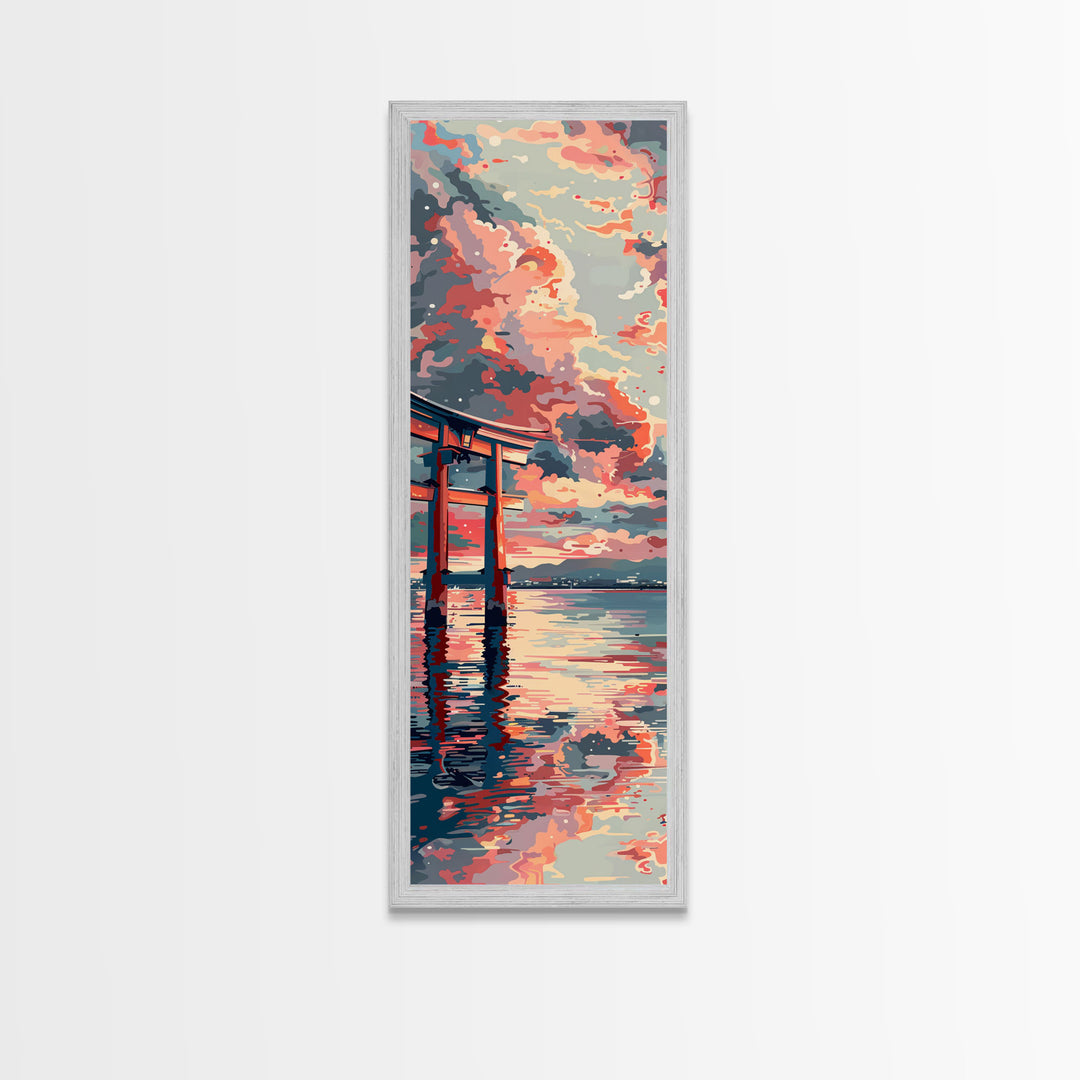 Tranquil Torii Gate Skinny Art Tall Art Japanese Ukiyo-e Inspired Spiritual Landscape Framed Canvas Print