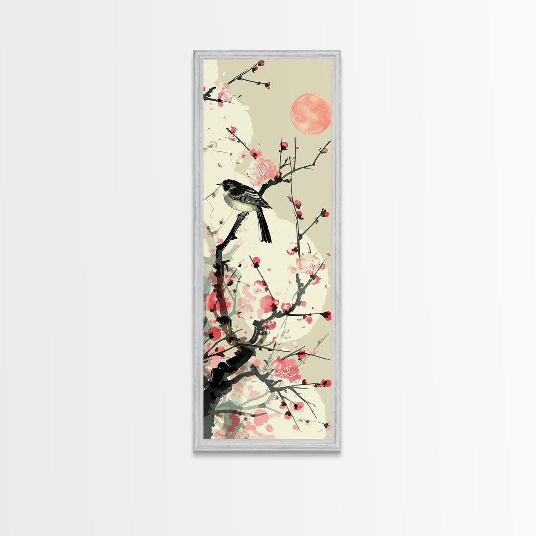 Songbird on Cherry Blossom Skinny Art Tall Art Japanese Ukiyo-e Inspired Bird and Nature Framed Canvas Print