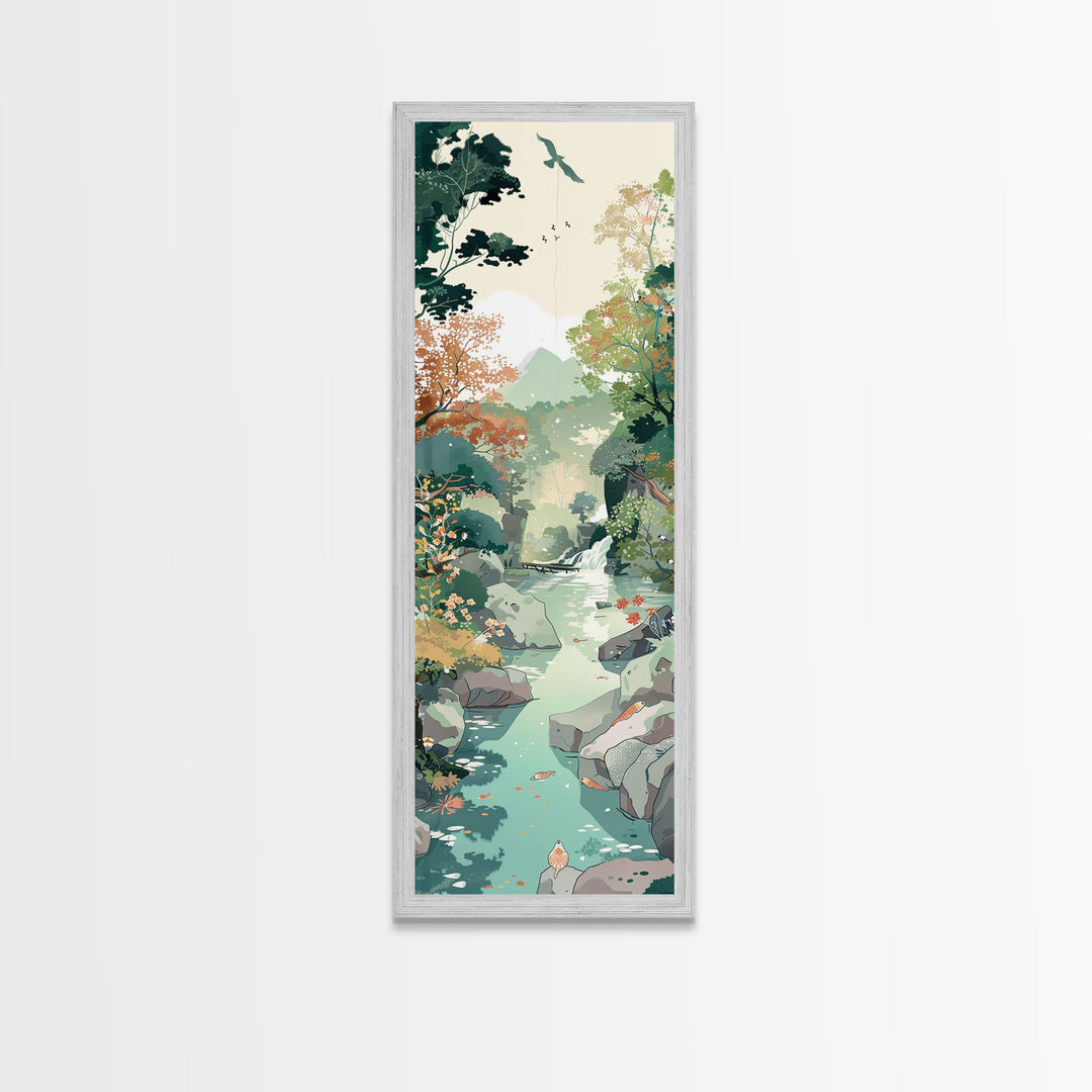 Tranquil Mountain Stream Surrounded by Autumn Leaves on Tall Vertical Japanese-Inspired Canvas Print for Nature Lovers