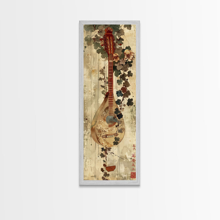 Vintage Mandolin, Autumn Foliage, Japanese Art, Skinny Art, Tall Art, Framed Canvas Print, Ukiyo-e Style