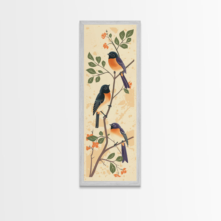 Three Birds Perched On A Branch Japanese Style Framed Canvas Print, Traditional Illustration Art Ready To Hang For Home Decor