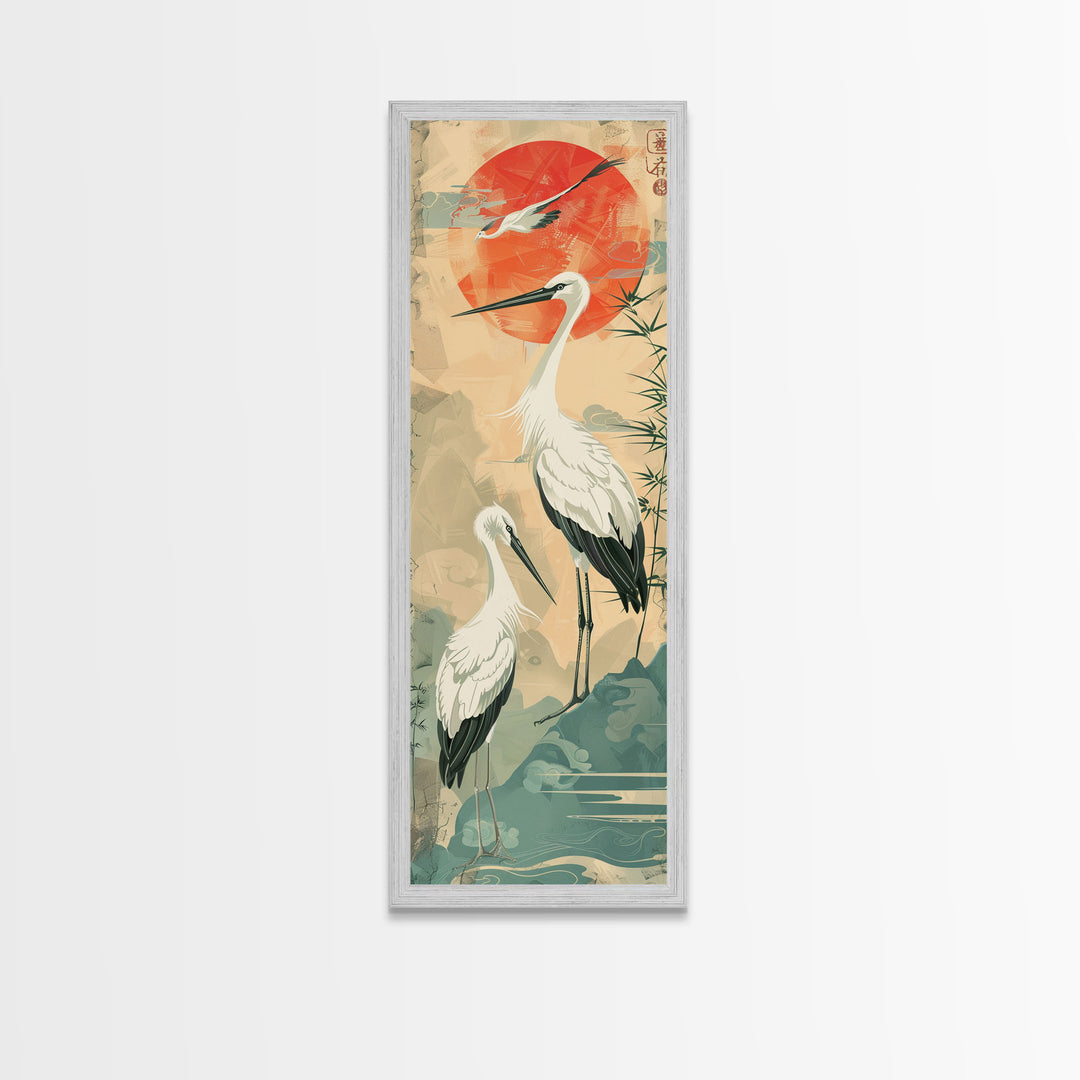 Tall Japanese Cranes Under a Vibrant Red Sun Ukiyo-e Art Skinny Framed Canvas Print Traditional Japanese Nature Scene