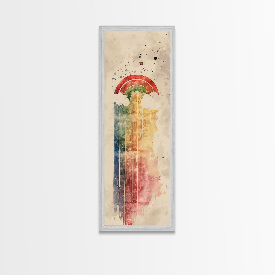 Vintage-Inspired Rainbow Waterfall Ukiyo-e Art Skinny Framed Canvas Print in Neutral Tones