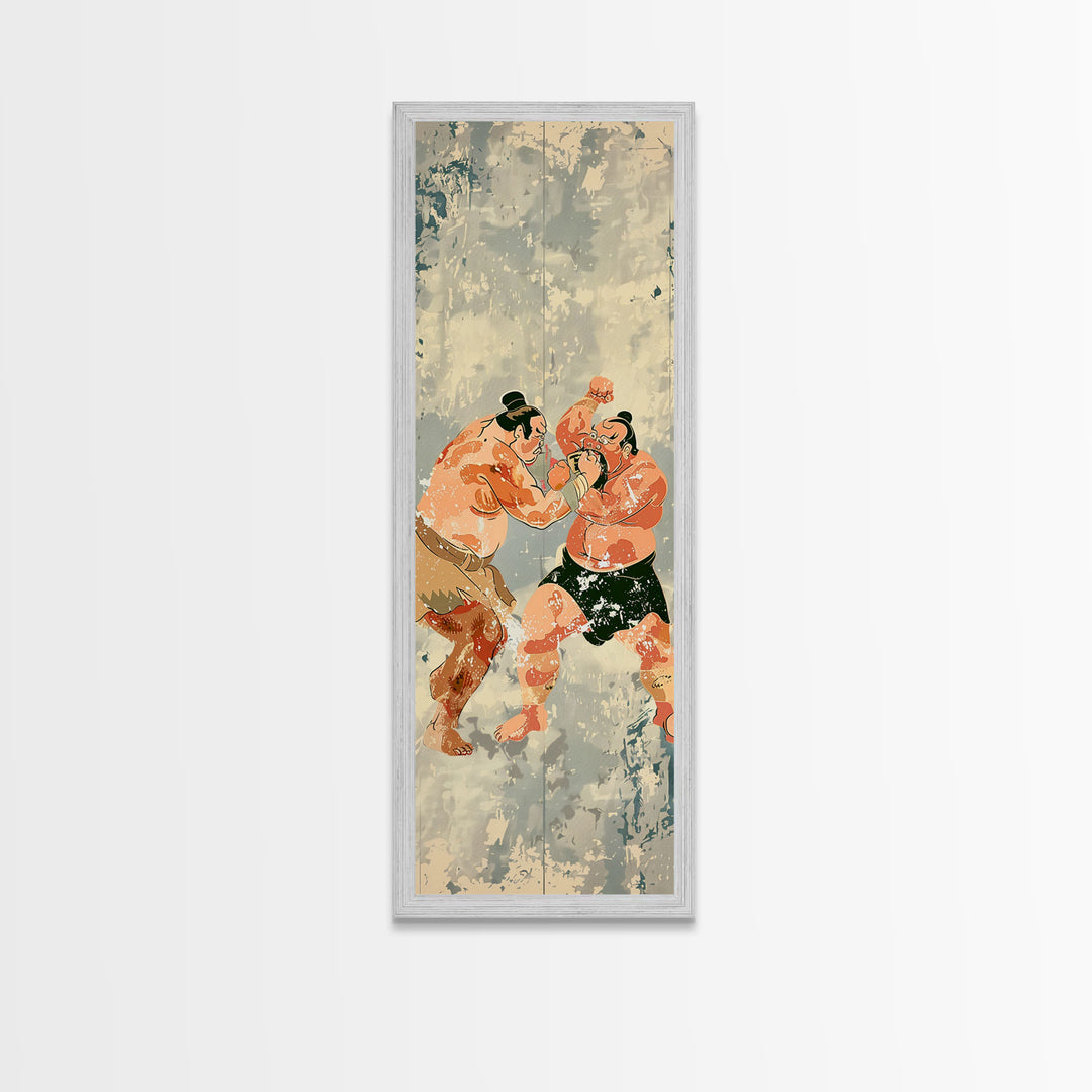 Sumo Wrestlers in Action Skinny Ukiyo-e Art Tall Framed Canvas Print with Japanese Cultural Heritage