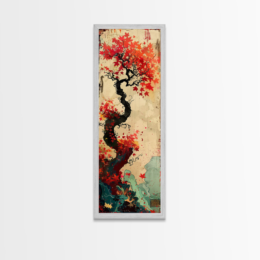 Twisted Tree with Red Maple Leaves Skinny Art Ukiyo-e Japanese Framed Canvas Print in Autumn Colors