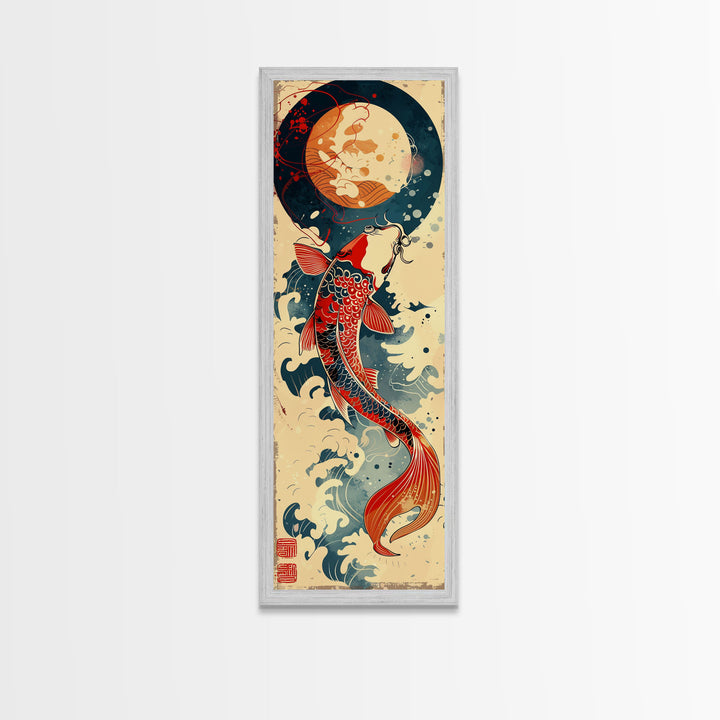 Vibrant Koi Fish Swimming Toward the Moon Skinny Art Ukiyo-e Tall Framed Canvas Print with Japanese Mythology Elements