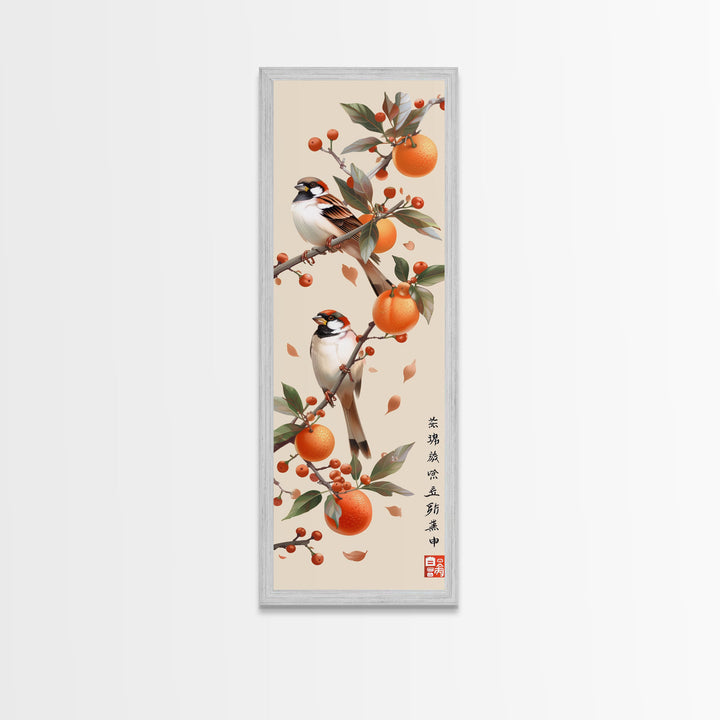 Skinny Art Tall Art Framed Canvas Print Wood Block Print Of Elegant Bird Perched On Branch Amidst Orange Fruits Ukiyo-e Japanese Style Art