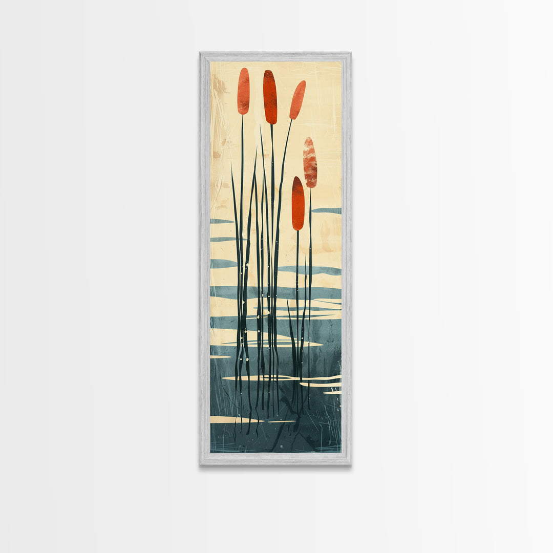 Skinny Art Tall Art Framed Canvas Print Minimalist Cattail Plants With Abstract Lines And Earthy Tones Ukiyo-e Japanese Style Art