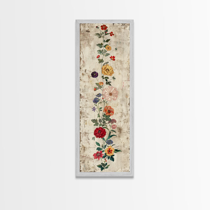 Skinny Art Tall Art Framed Canvas Print Vintage Style Floral Art With Mixed Blossoms On A Rustic Background Ukiyo-e Japanese Style Art