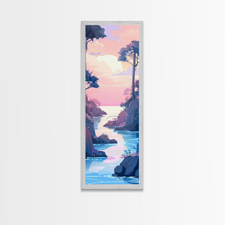 Skinny Art Tall Art Framed Canvas Print Serene Coastal Landscape At Dusk With Soft Pastel Colors Ukiyo-e Japanese Style Art