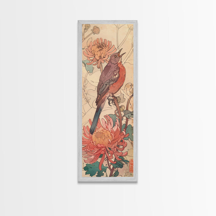 Singing Bird Amid Chrysanthemums Soft Pastels Skinny Art Tall Art Framed Canvas Print Japanese Style Art Ukiyo-e Art Wood Block Print Floral