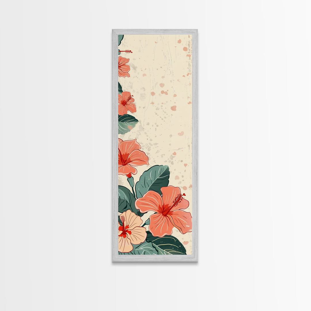 Soft Hibiscus Flowers In Delicate Shades Skinny Art Tall Art Framed Canvas Print Japanese Style Art Ukiyo-e Art Wood Block Print Floral Decorative