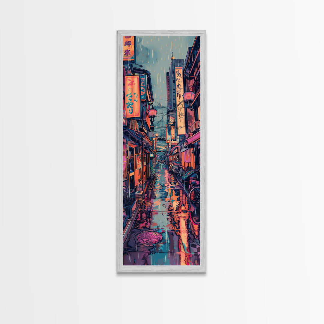 Vibrant Cityscape With Colorful Street Signs Skinny Art Tall Art Framed Canvas Print Japanese Style Art Ukiyo-e Art Wood Block Print Urban Energetic