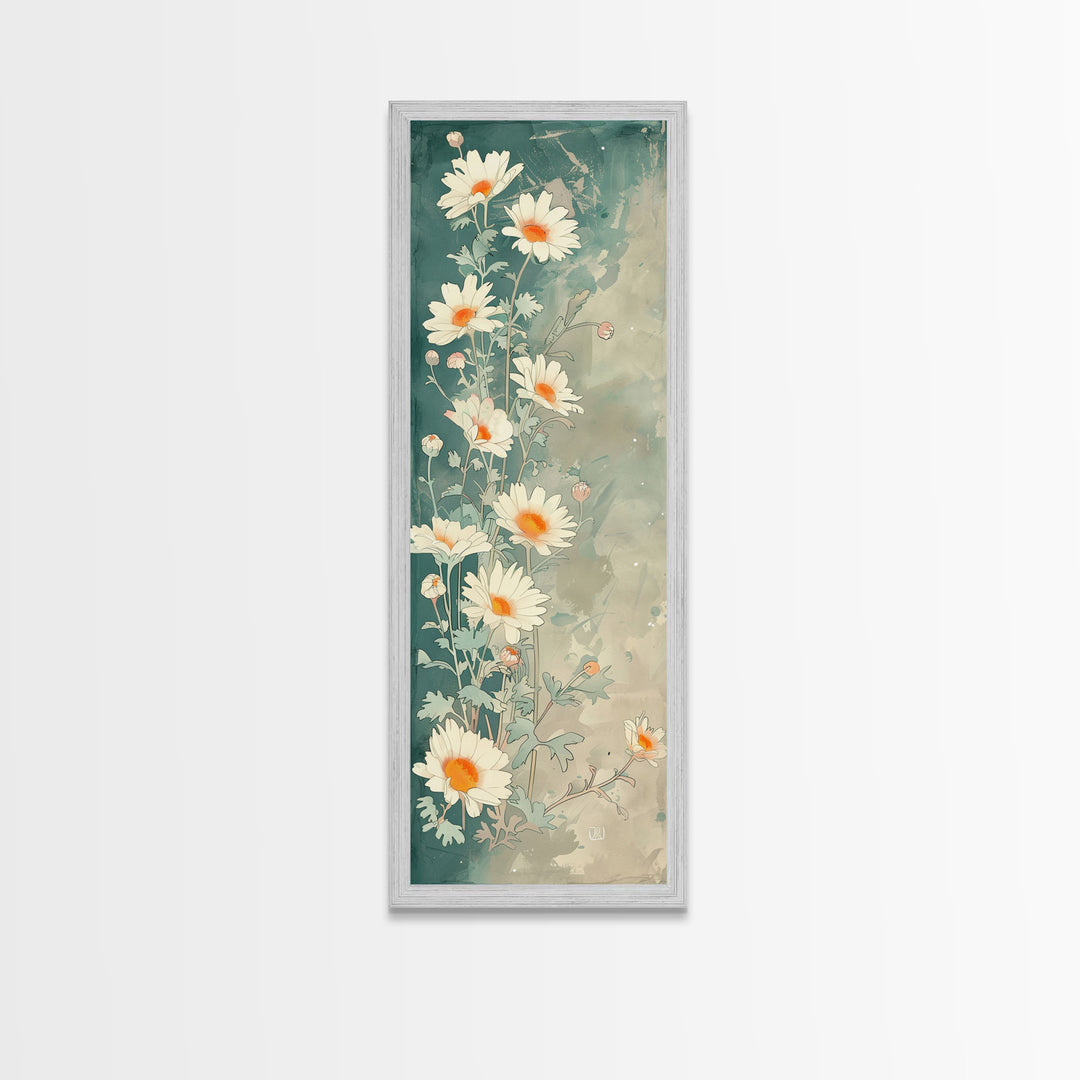 White Daisies With Orange Centers On A Soft Blue-Green Background, Skinny Art Tall Wall Art Framed Canvas Print Japanese Style Art