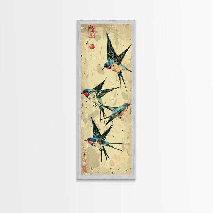 Trio Of Swallows In Flight Against A Vintage Beige Background, Skinny Art Tall Wall Art Framed Canvas Print Japanese Style Art