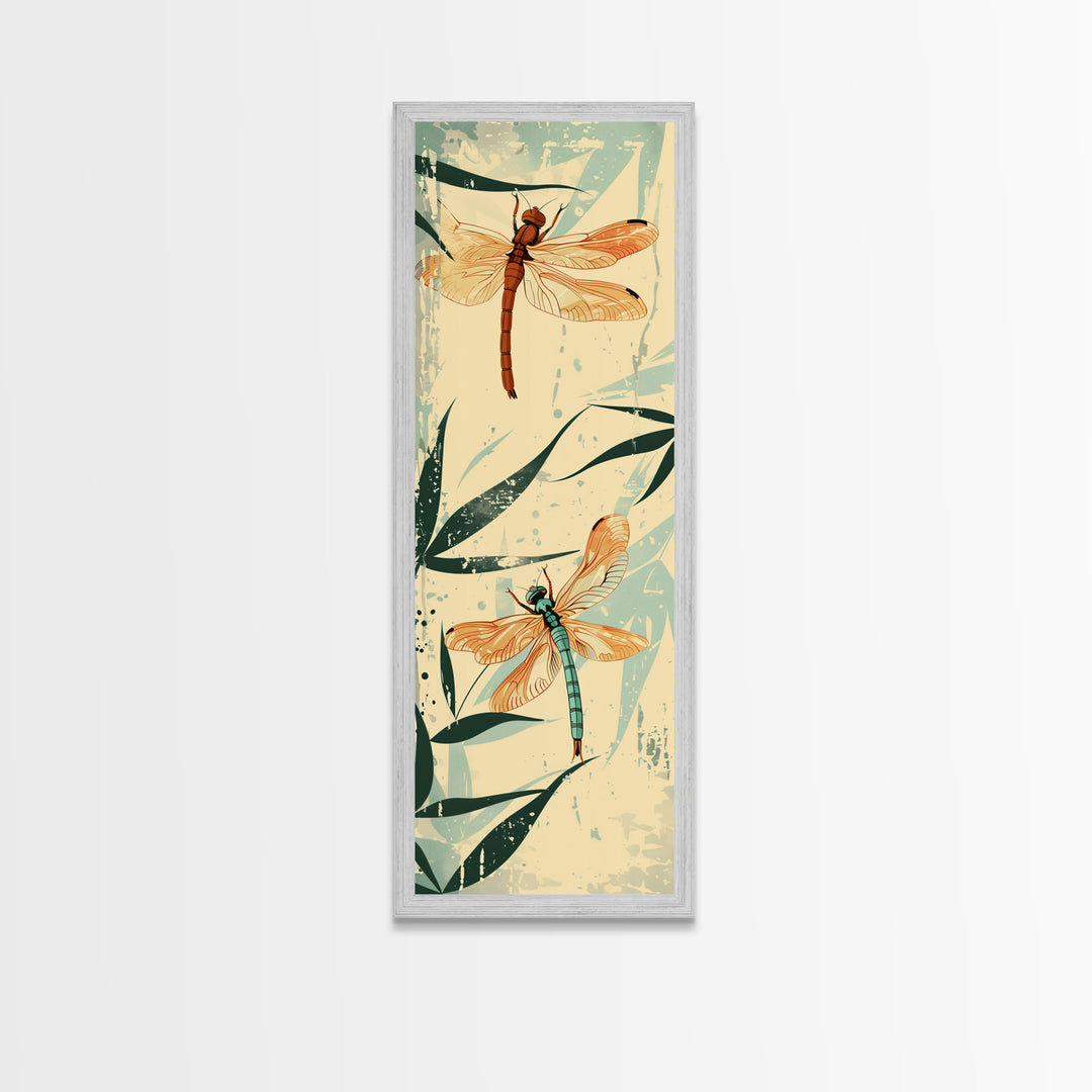 Two Dragonflies With Detailed Wings Hovering Near Bamboo, Skinny Art Tall Wall Art Framed Canvas Print Japanese Style Art