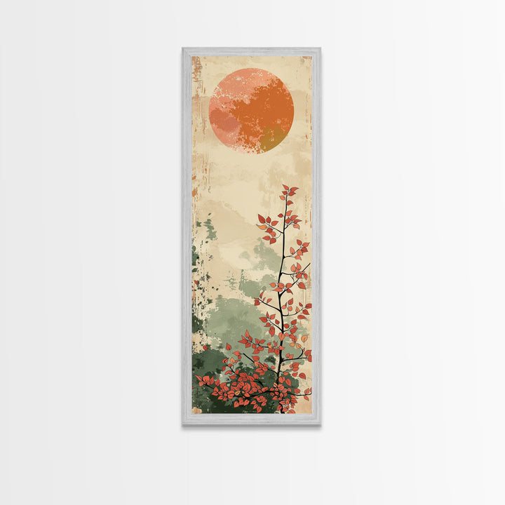 Abstract Sun Over Branch With Red Leaves Framed Canvas Print Ukiyo-e Wall Art Tall Art Wood Block Print Skinny Art Japanese Style